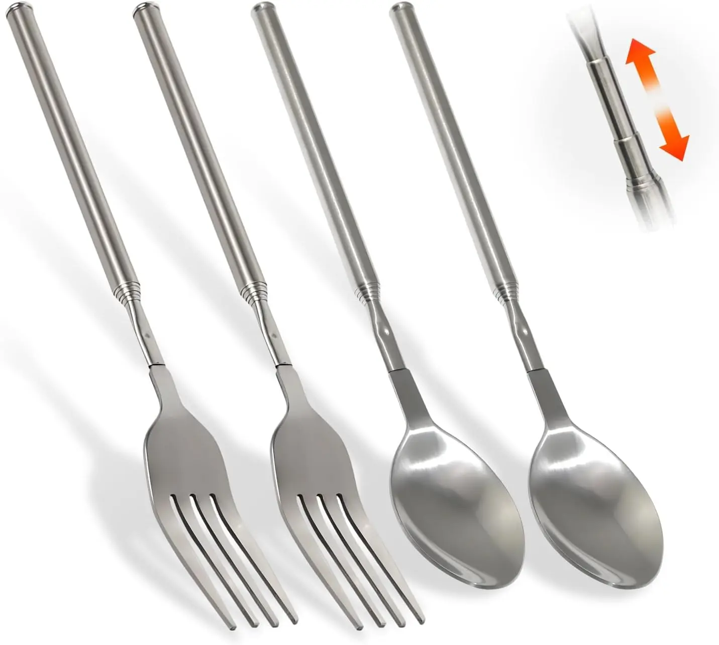 [USA Stock] - 4 PCS Extendable Fork and Spoon Set,8.7 to 25.4 Inch Expandable fork prank, Stainless Steel Expandable Fork for Dining, BBQ, Camping, and Fun Use