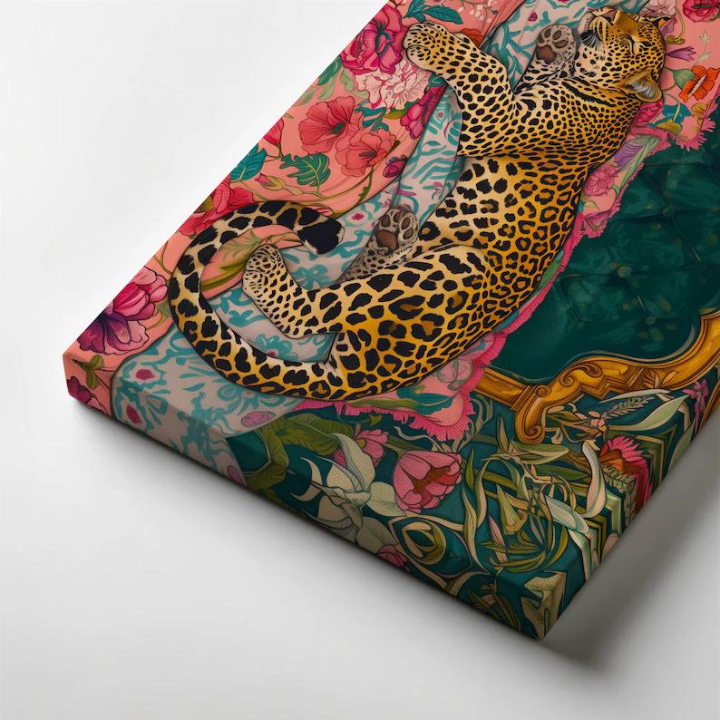 Sleepy Leopard in a Vintage Bed Print - Pink & Emerald Green Maximalist Wall Art - Jungle Bedroom Decor