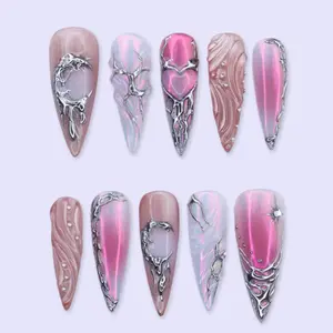 Pamela Home Handmade 3D Luxury Press On Nails | Pink Holographic Silver Metal Stiletto, Aurora Heart Reusable Salon Quality Fake Nails | Valentine Party Gift