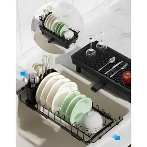 2-in-1 Small Dish Drying Rack Fits 14''–21.8'' Sink, Dish Drainers for Counter Extend Sink Drain Basket with Utensil Holder & Auto-Drain Tray, Stainless Rack, Black