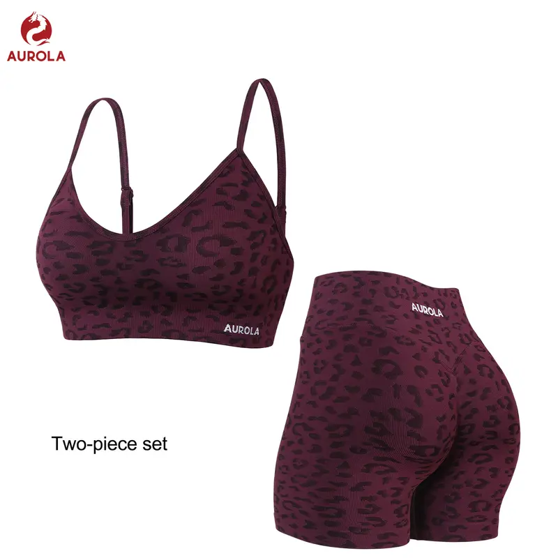 AUROLA Leopard Workout Set for Women, Scrunch Butt Seamless Shorts & Backless Padded Strappy Sports Bra, Gym Yoga Activewear Outfit