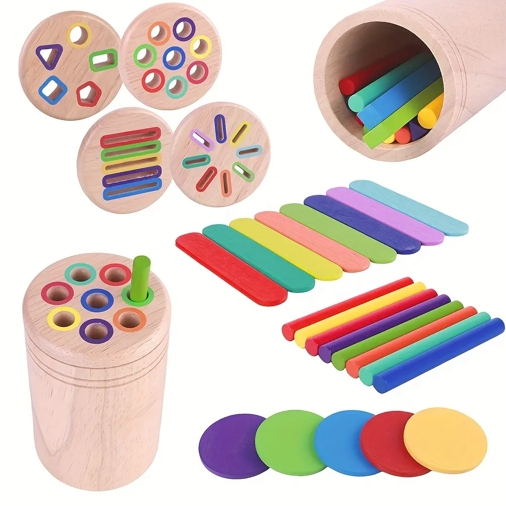 1 set of wooden colorful sorting pen holder toy, 4-in-1 wooden stick design for shape sorting game, shape recognition, matching, and hand-eye coordination preschool learning tool educational toy, shape sorter, Multi Activity Playset