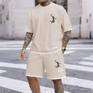 Men's basketball print drawstring shorts set for spring/summer, a casual summer outfit including a short-sleeved shirt and shorts, suitable for everyday wear and sports. A two-piece set for a relaxed and energetic lifestyle.