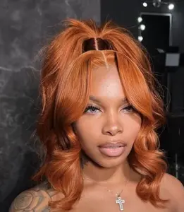 Ginger Loose Body Wave Bob Wig Human Hair 180% Density 13x4 HD Lace Closure Wigs Human Hair Bob Wigs For Black Women Wear And Go Glueless Curly Wig Ginger Color 14 Inch