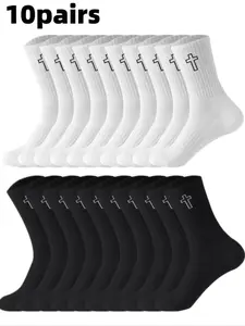 10 Pairs Unisex Cross Stitch Knit Mid-Calf Socks, Casual & Sports Fit Socks, Soft Comfortable Cute, Fashionable for Daily Wear