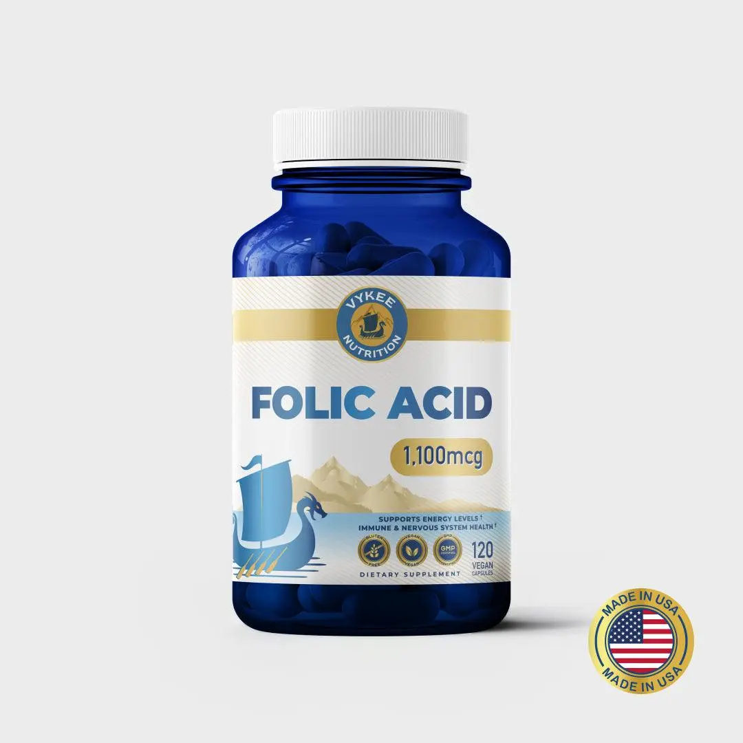 Vykee Nutrition Folic Acid Supplement – High-Potency Vitamin B9 1,870mg DFE Folate, 1,100mg Folic Acid | Vegan, Non-GMO | Supports Cellular Health, Energy Production & Prenatal Wellness | 120 Capsules