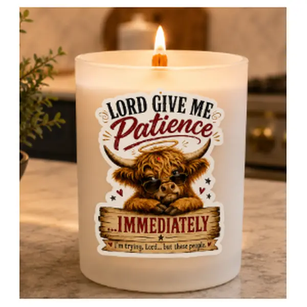 Lord Give Me Patience Candle | Funny Highland Cow Soy Candle | Sassy Farmhouse Candle Gift | Wood Wick Candle