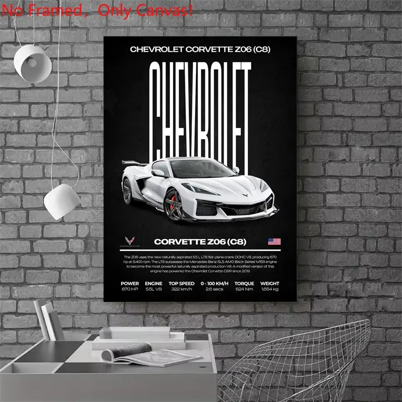 1 Piece/Set frameless canvas painting print poster,Luxury sports car art ，Corvette Z06 (C8) Poster， a perfect gift for cars loves, ideal gift for bedroom, living room, dorm hallway, kitchen, mural, wall decoration, room decor