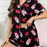 2-piece Valentine's Day Women's Black Base Full Body Bow Bottle Red Lip Print Pattern Short Sleeved Shorts Top Small Pocket Elastic Waistband Everyday Casual Sleepwear Pajamas Set, Matching Pj Set