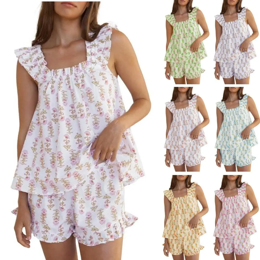Imily Bela Womens Floral Print Pajama Sets Ruffle Trim Cami and Casual Shorts 2 Piece Lounge Set PJ Loungewear Nightwear Women's Santa