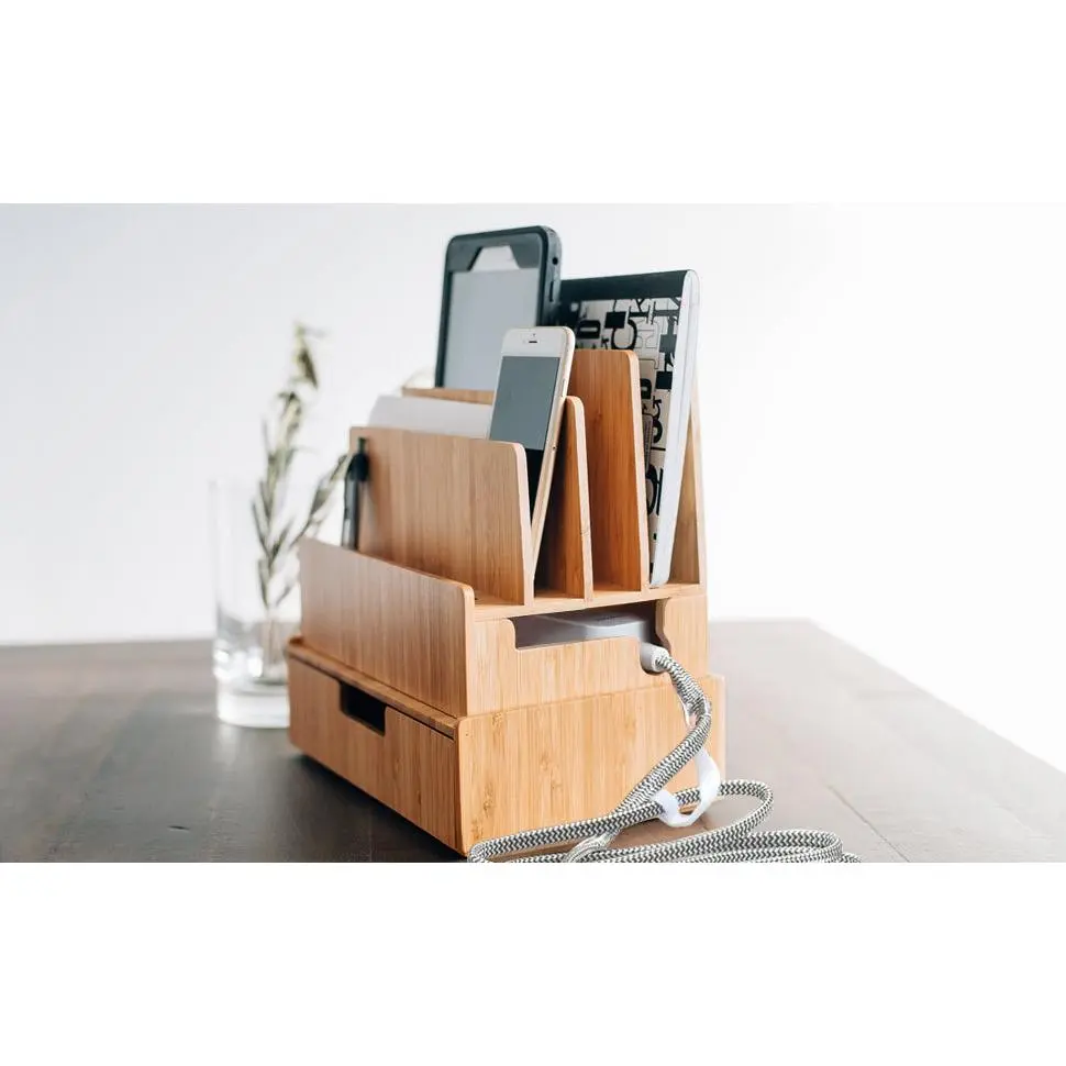 Bamboo Slim Charging Station & Storage Drawer Combo | Tiered Device Organizer & Desktop Caddy
