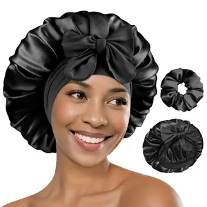 Silk  for Sleeping Women HYALURONIC Acid Double Layer Satin Lined  Night Sleep Cap Wrap for Curly Hair with Adjustable Tie Band & Scrunchie, Black
