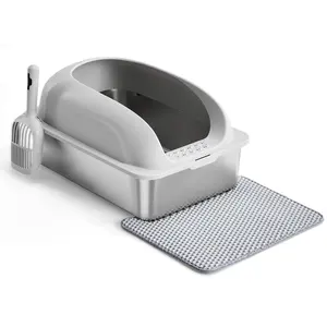 Cat Litter Box, Stainless Steel Litter Box with Lid, Jumbo Enclosed Anti-Leak Litter Box for Big Cats, Includes Scoop and Mat