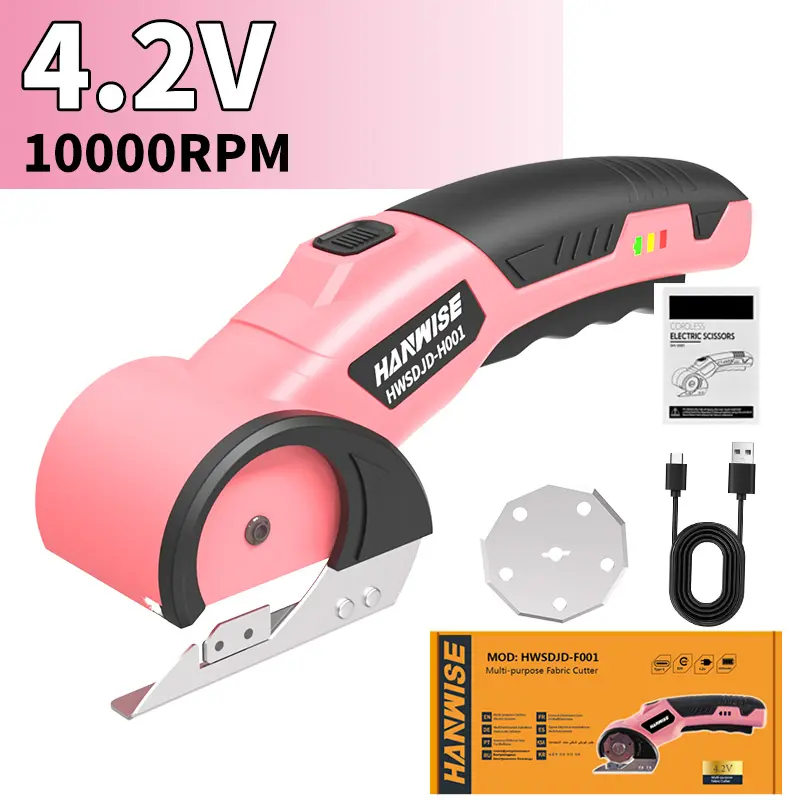 Hanwise Cordless Electric Scissors, USB Rechargeable with Safety Lock & LED Light, Pink/Yellow for Carpet, Leather, Fabric, Cardboard