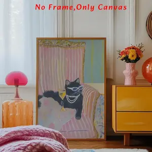 Cat Drinking Wine Pattern Unframed Pastel Painting, Unframed Art Print, Canvas Wall Art, Decorative Artwork, Kitty Interior Wall Decor for Home Living Room Bedroom Study Room, Home Decor, Ornaments