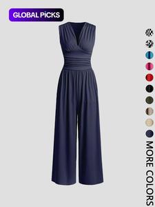 women's plain ruched deep v neck ribbed jumpsuit, elegant sleeveless wide leg jumpsuit for summer, ladies clothes for beach holiday vacation
