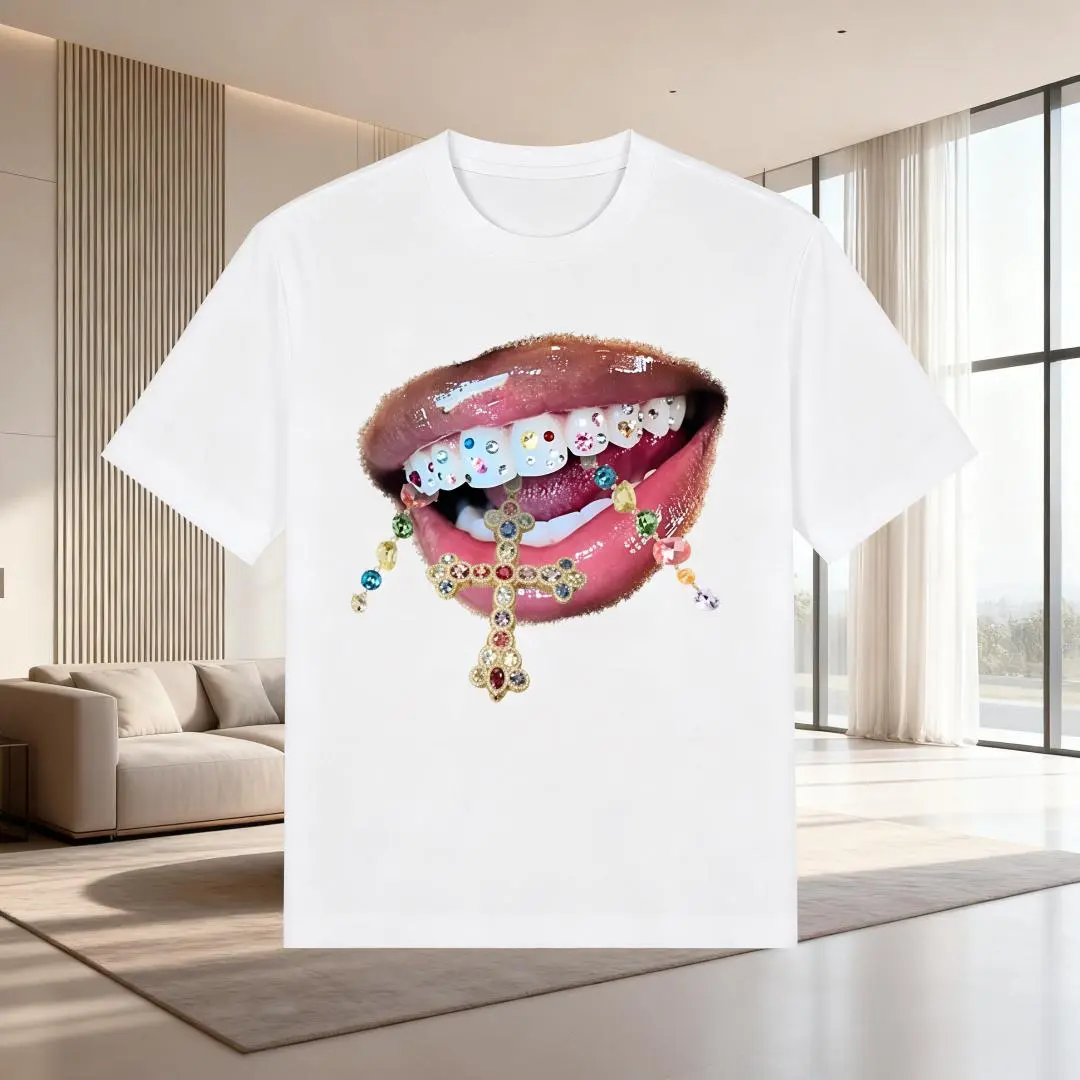 Diamond Grillz Lips Cross Pendant Graphic Tee Y2K Baddie Iced Out Oversized T Shirt