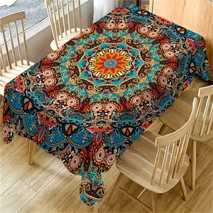 Boho Mandala Rectangular Tablecloth – Woven 100% Polyester Table Cover – Bohemian Decor for Dining Room, Kitchen, Office, Picnic, or Gift