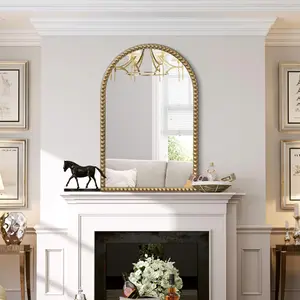 Beaded Frame Arch Wall Mirror, 24" X 36" Vintage Gold Bathroom Vantity Mirror, Ornate Decorative Mirror for Living Room, Washroom, Fireplace, Entryway