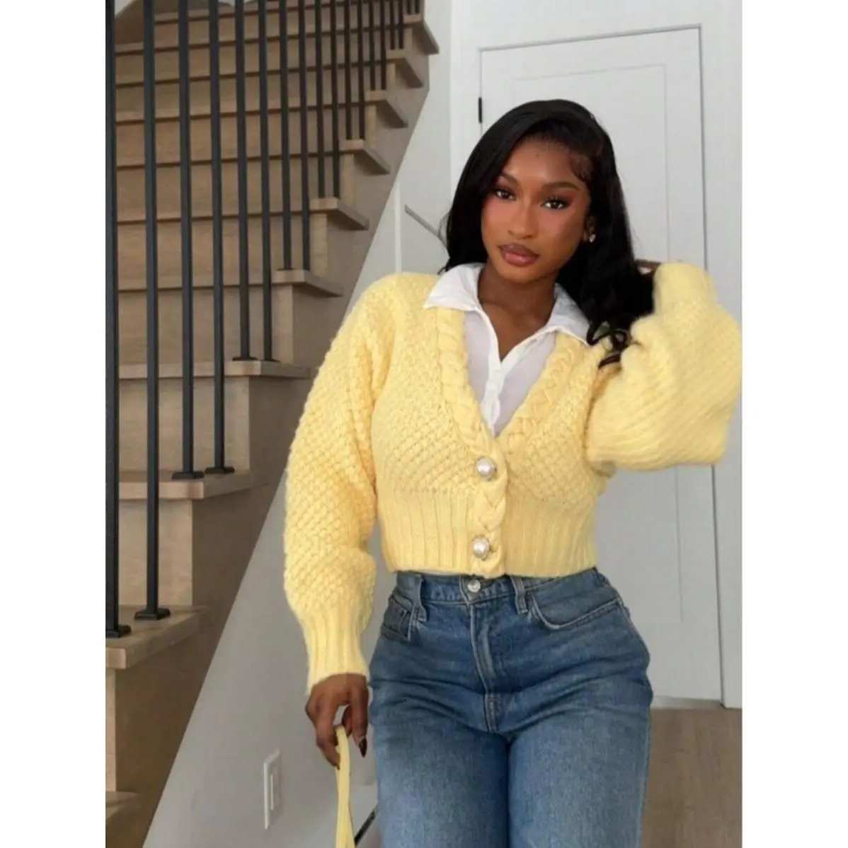 Women's Casaul Cute Elegant Frenchy Solid Butter Yellow Pear Bottons Texture Cable Knitted Sweater Top Cardigan Long Sleeve Cropped Fall Winter Going Out Outfits Clothes Back To School Homecoming