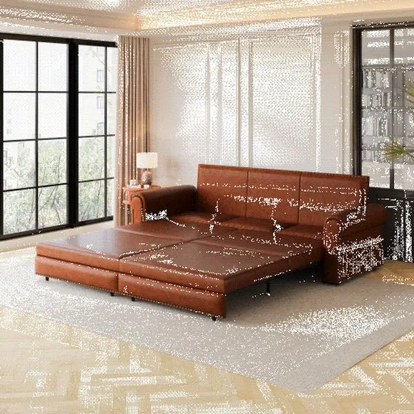 [AURA] Chesterfield Sofa,93.7" King Pull Out Sofa Bed,3-in-1 Faux Leather Convertible Sleeper Sofa with Nailhead Trim & Rolled Arm,Multi-Functional Sofa Bed for Living Room,Bedroom  cozy furniture
