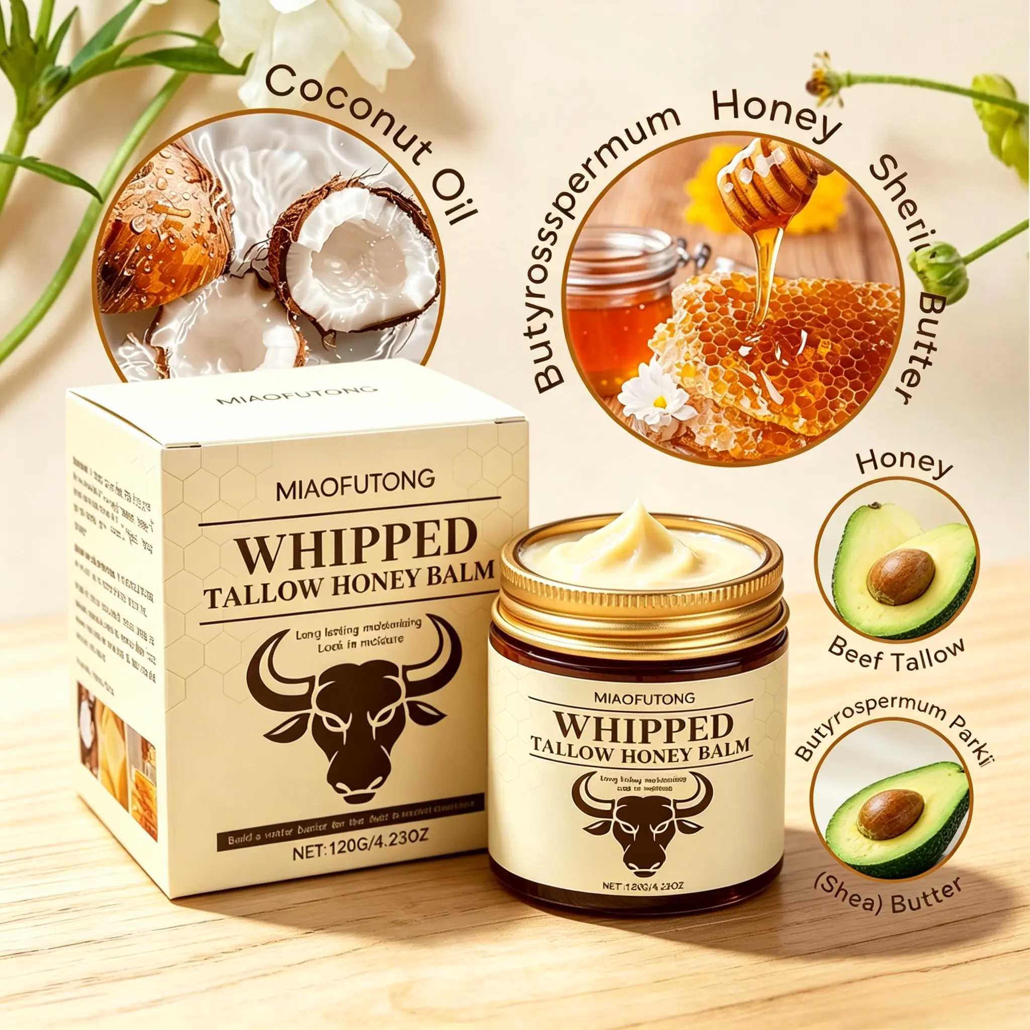 Whipped Grass-Fed Beef Tallow Honey ,Moisturizing Cream for Soft, Smooth Skin - Handmade All-Natural Moisturizer - hydrating, comfort, moisture boost cream, luminous firming cream, body care, hydrating dry skin