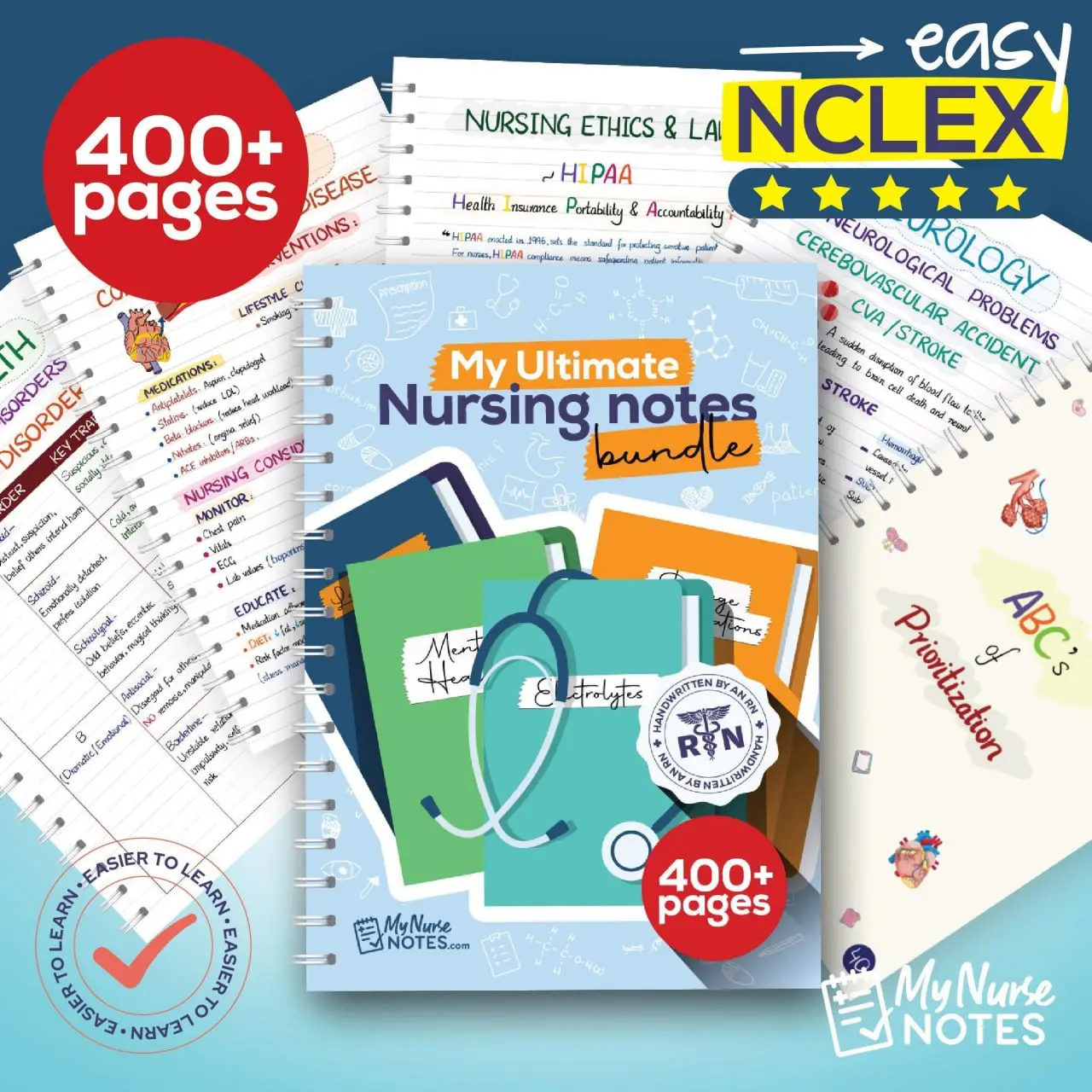 Ultimate Nursing Success Bundle, 400+ Page Nursing School Study Notes, RN Handwritten Review Guide for Exams and Clinicals