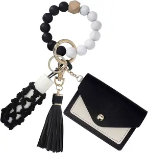 Silicone Key Ring Bracelets Wristlet Keychain Wallet with Net Chapstick Holder for Women（10.7inch）