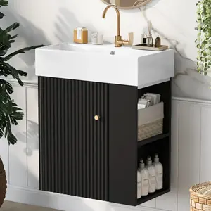 [Video] 21.6 inch Modern Floating Bathroom Vanity with Ceramic Basin - Perfect for Small Bathrooms, Right side storage   WL RR