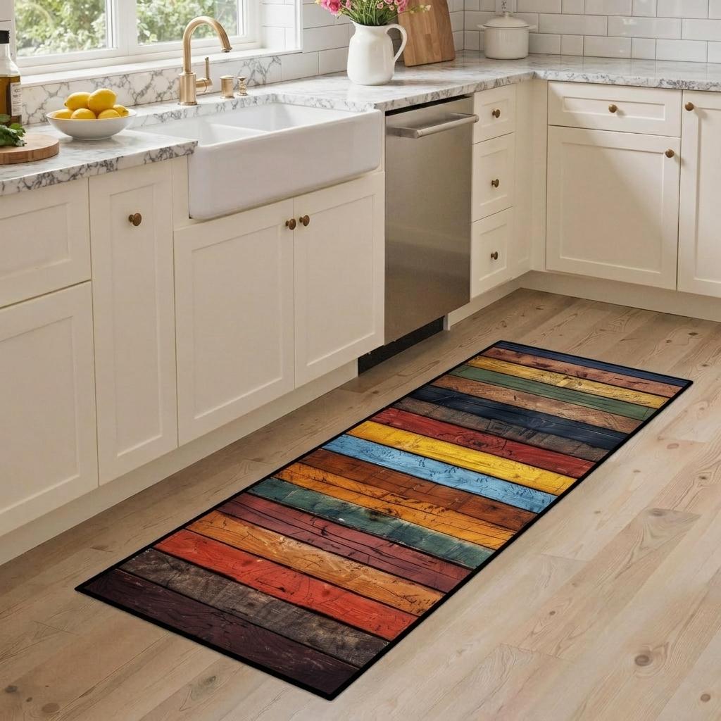 2x10 Colorful Rustic Wood Runner Rug – Washable Non-Slip Kitchen Rug, Soft Low Pile Carpet Perfect for Hallway, Laundry & Pet-Friendly Homes