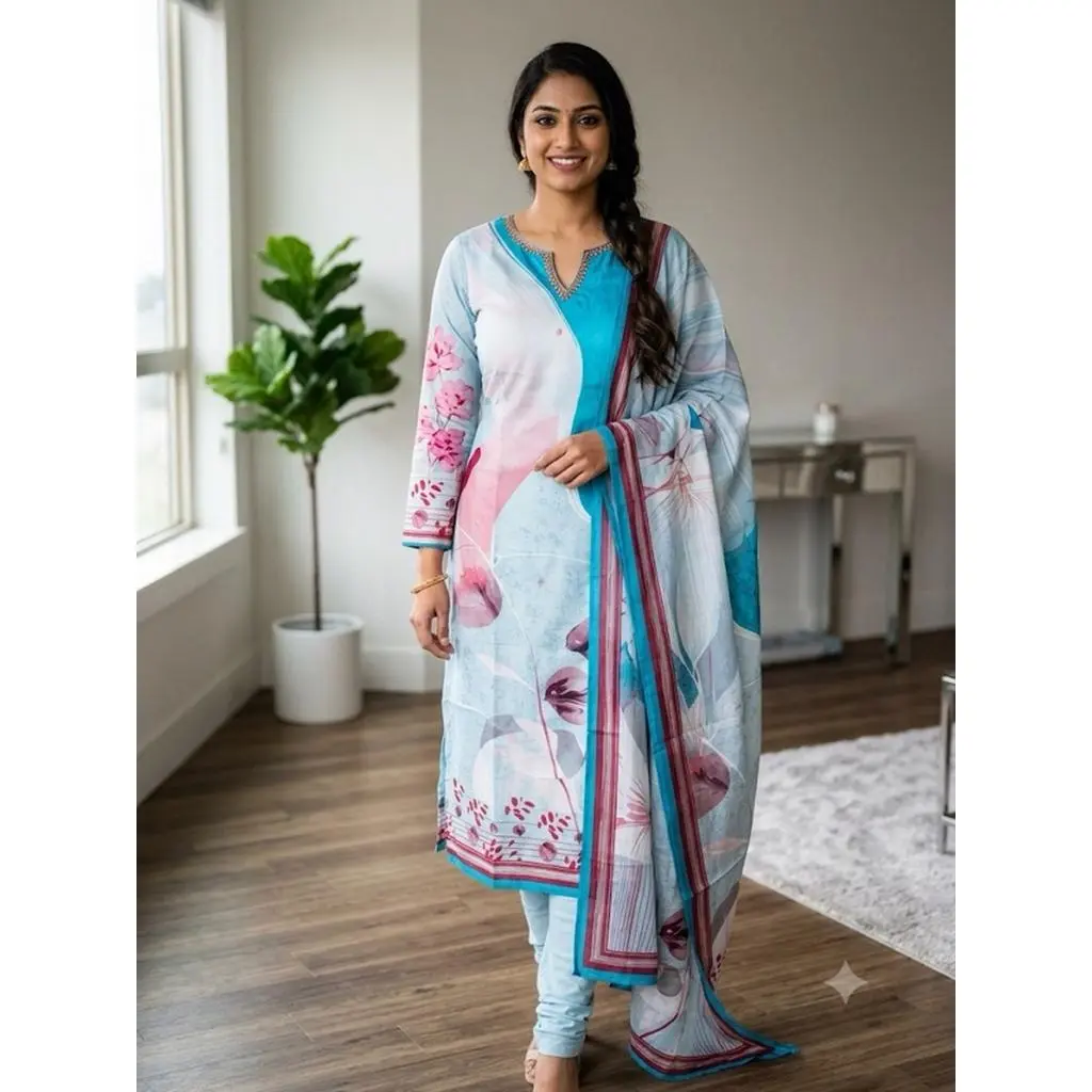 Women's Floral Print Kurta Set with Dupatta Elegant Three-Piece Outfit Ethnic Wear Trousers and Casual Kurti Set Traditional Festive Wear M/38” L/40” XL/42” XXL/44”