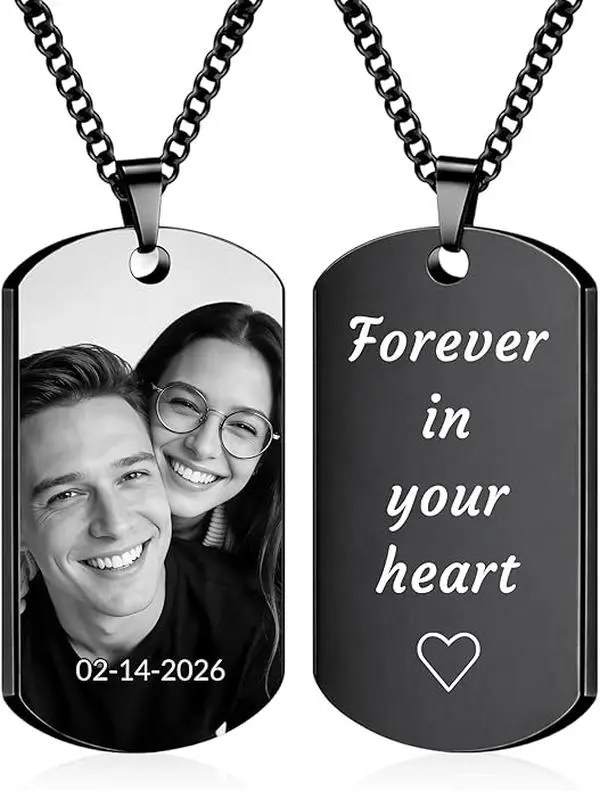 Personalized photo and text necklace, custom couple's photo necklace, unique gift for men and women, dog tag, commemorative plaque.