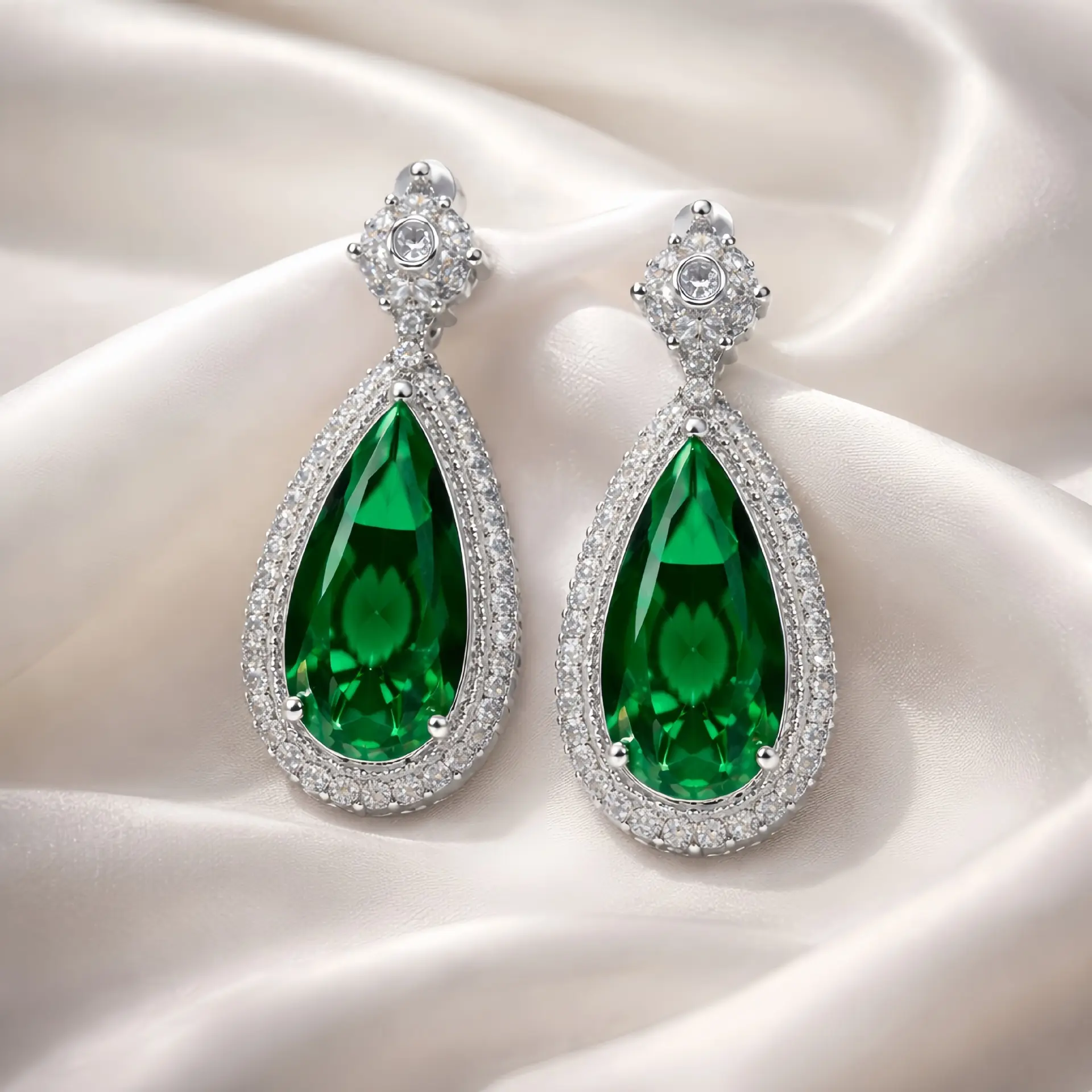 Large water droplet shaped sparkling emerald zircon earrings with a light luxury and high-end feel, luxurious earrings