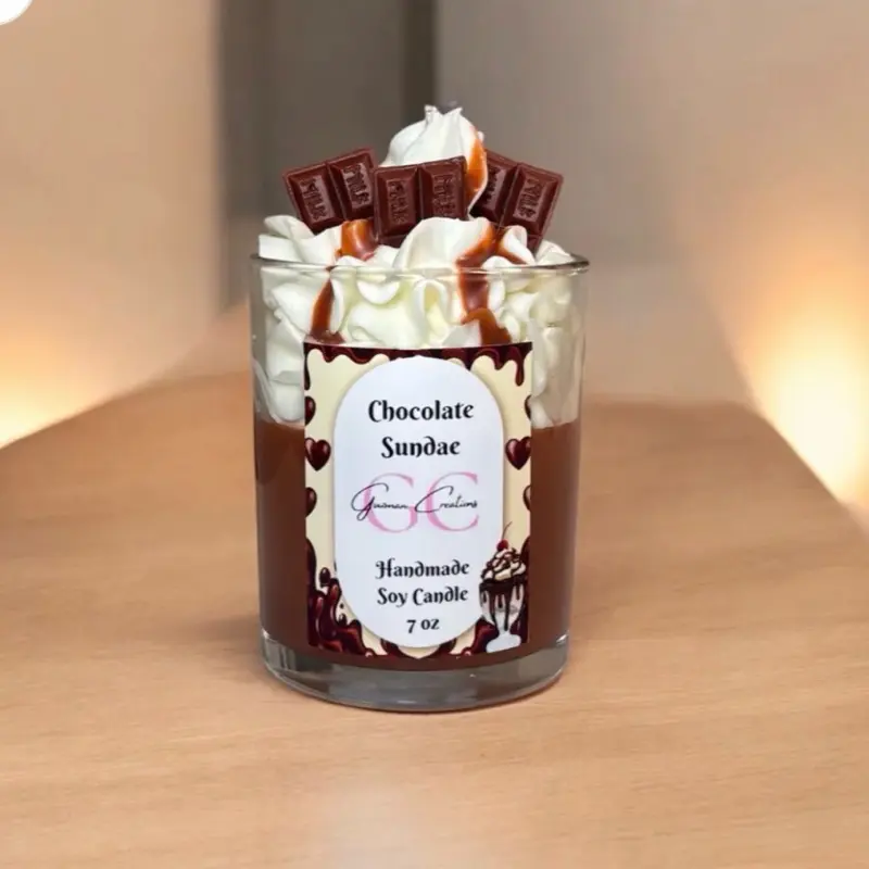 Chocolate Sundae Candle - Handmade Soy Candle with Whipped Cream and Chocolate Pieces 7 oz Cake Foods