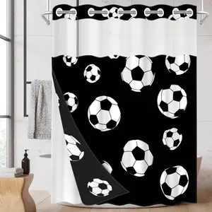 1pc hookless shower curtain with buckle lining, black and white soccer ball pattern design, 2D flat printing, fabric waterproof lining, see-through double-layer shower curtain, 71 x 74 inches, modern home draping curtain, Bathroom Curtains