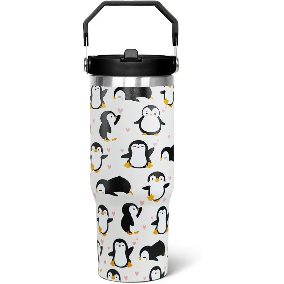 30oz Printed Cute Penguin Insulated Transparent Flip Tumbler Water Bottle - Portable Kitchenware Beverage Mug with Handle, Lid, Straw, for Coffee, Tea, Women Mom Dad, Moms' Fall Birthday Gift, Decor Accessory