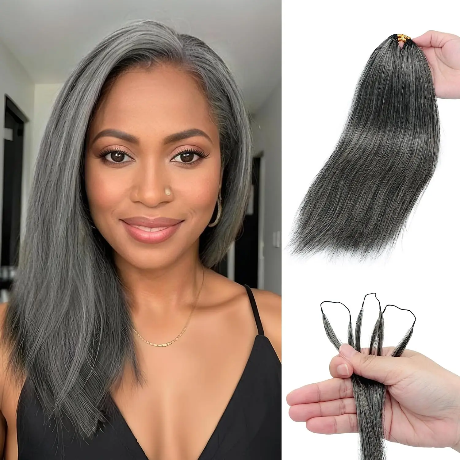 Fashionable style 12 Inch Salt and Pepper Human Crochet Hair  50 Strands White Grey Straight Feather Crochet Human Hair Bundles，Pre-Separated Invisible Miracle Knots Reusable Crochet Hair for Black Women