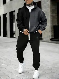 Men's Large Size Hooded Zipper Patchwork Jacket Set, Casual Long Sleeve Drawstring Sweatpants, Fall & Winter Essential, Perfect Gift