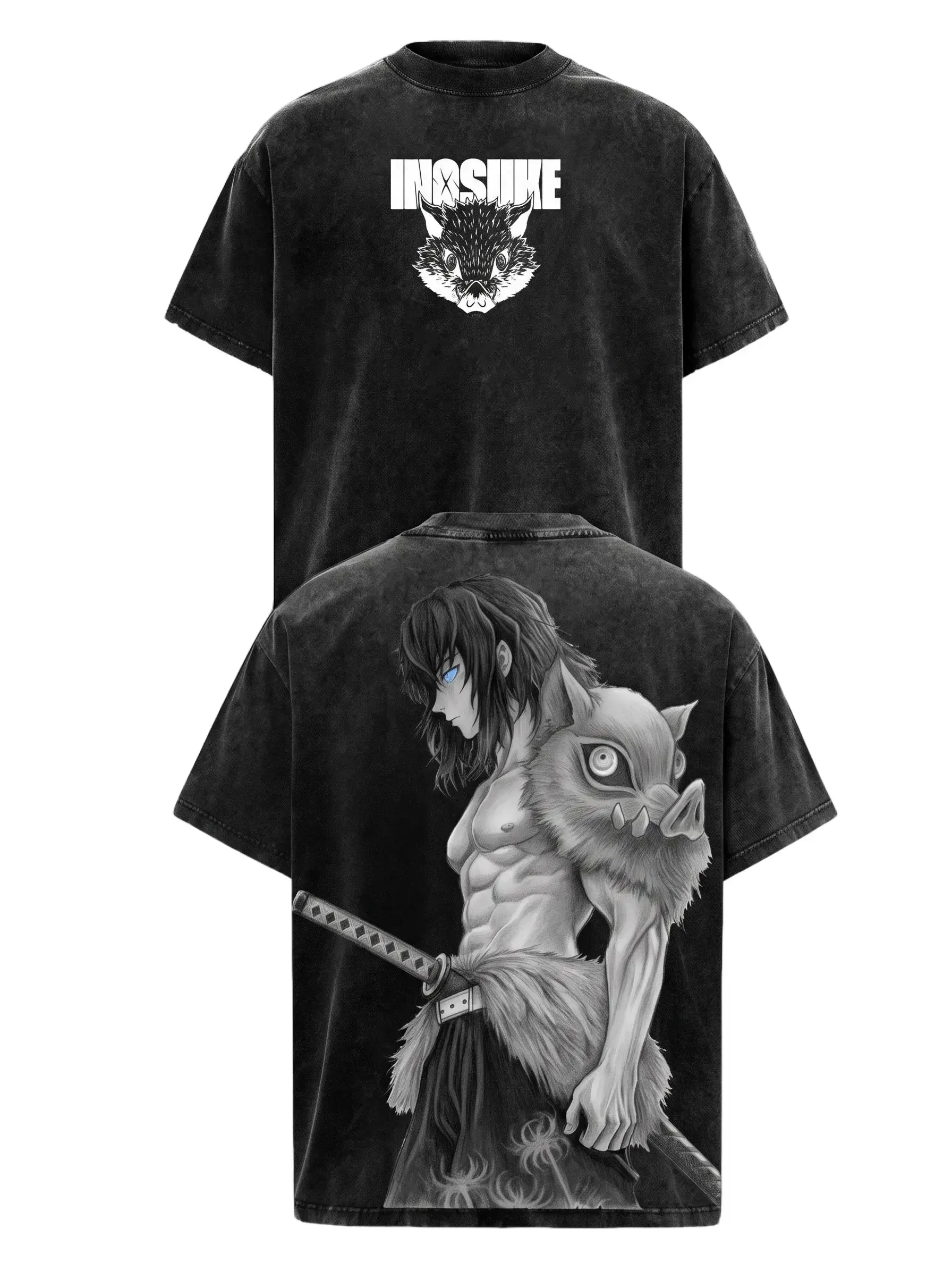 Inosuke Demon Slayer Anime Graphic Tee Vintage Acid Wash Heavyweight Cotton Oversized T-Shirt Unisex Streetwear Manga Clothes Y2K Japanese Apparel For Men Women Otaku Gamer Gift Aesthetic Retro Top Kimetsu No Yaiba Beast Breathing Cosplay Merch