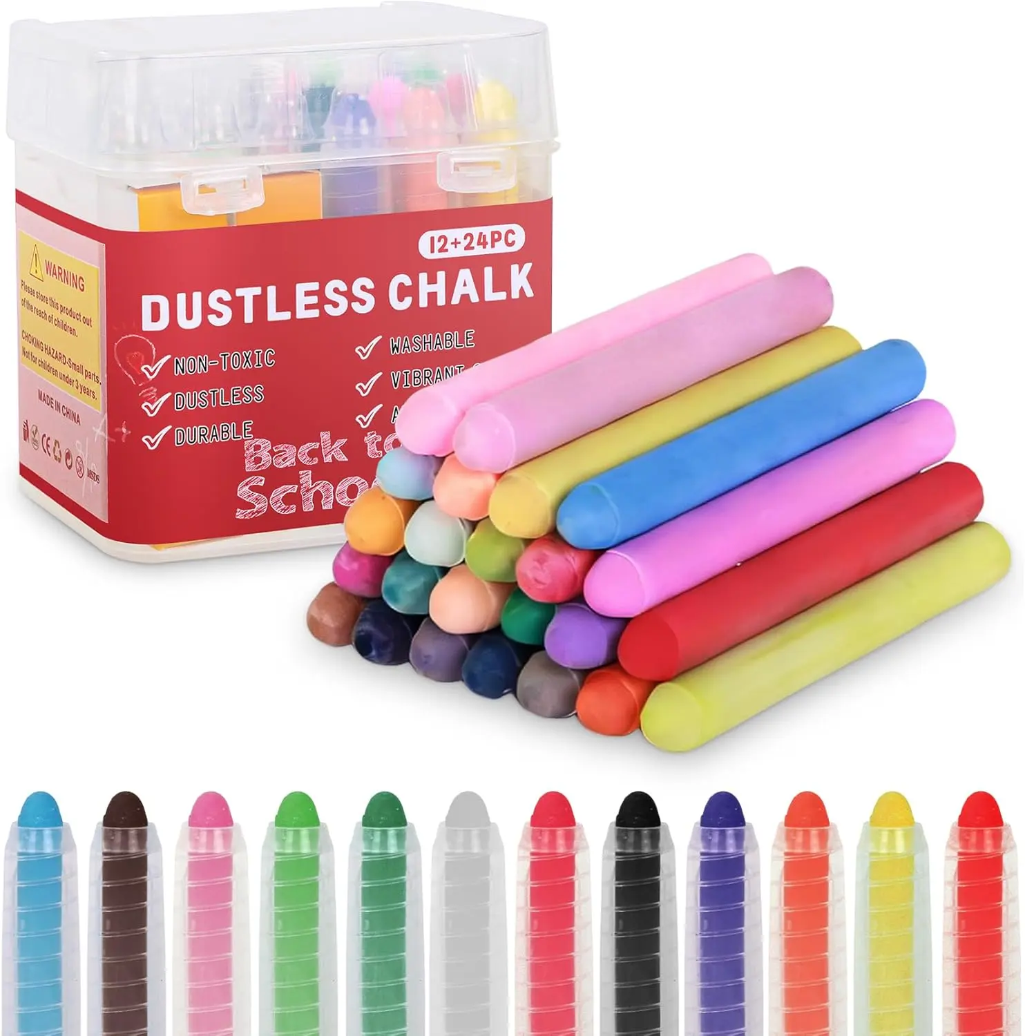Dustless Chalk for Kids - 36 PCS Colored Non-toxic Twistable Sidewalk Chalk with Holder, Dust-free Washable Back to School Toddler Chalk, Art Tool for Children Outdoor Blackboard Drawing Writing