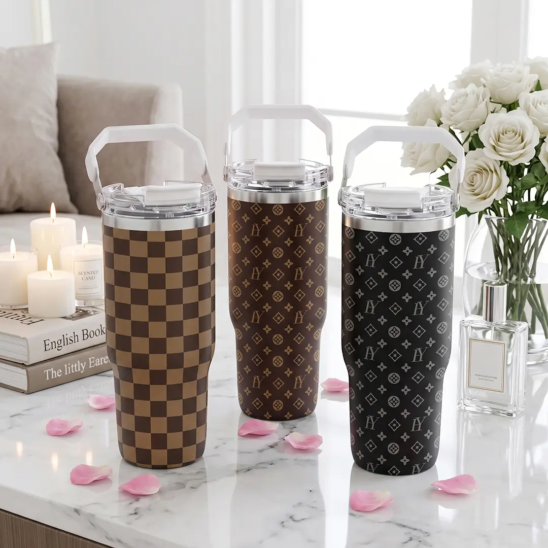 30oz Luxury Monogram Tumbler with Handle - Checkerboard Insulated Stainless Steel Travel Coffee Mug, Leak-Proof, Cold/Hot Hold, Car Cup Holder-Fit for Road Trip Office Gift