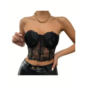 Womens Bustier Tube Tops Embroidery Flower See Through Off Shoulder Tank Tops for Daily Club Party  Fabric Polyester Womenswear Collar Comfort Floral Sexy Black Short Skinny  Sleeveless Slim