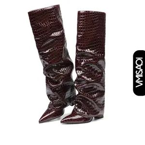 Women Knee High Boots Fold Over Slouchy Croc Embossed Shark Inspired Pointed Toe Chunky Block Heel Side Zipper Pull On Date Party Holiday Wedding Concert Vacation Office Street Style Casual Graduation Fashion Comfortable Tall Boots Deals For You Days	