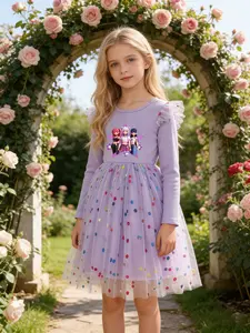 K-Pop Girl Group Polka Dot Princess Dress, Flutter Sleeve Long Sleeve Mesh Dress for Girls, Casual Slim-Fitting Floral Pattern