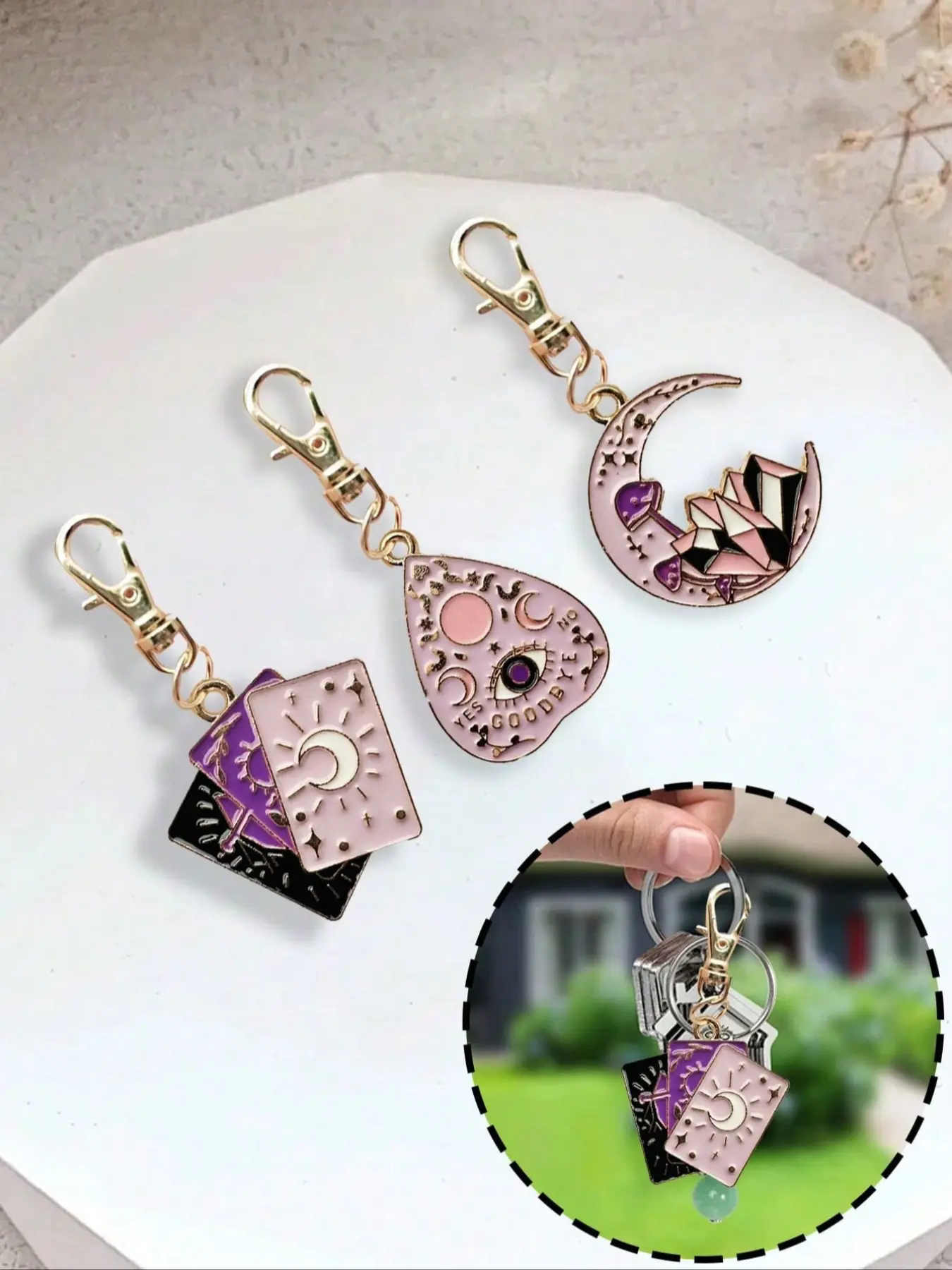 Mystical Astrology Tarot Keychain Set, Dripping Metal Moon Crystal Pendant, Vintage Tarot Card Charm, Commuter Accessory, Keychain Accessories
