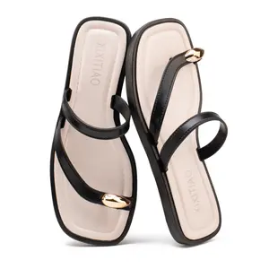 Women's Cross Strap Flat Sandals Toe Ring Open Square Toe Thong Slides for Beach Summer Outdoor Casual Walking Shoes for Daily Wear