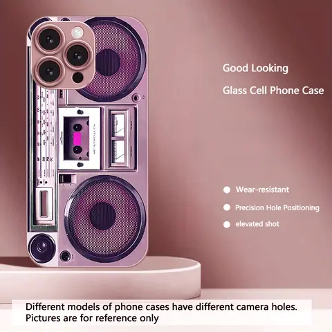Retro Cassette Tape Pattern Tempered Glass Phone Case - Metal Painted, Anti-Drop, Anti-Fingerprint, Skin-Friendly, Compatible with iPhone 18/18 Pro Max/17/16/15/14/13/12/11 Series, Ideal Gift, Iphone 18Pro Max