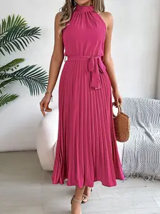 Spring Summer Vacation Casual Sleeveless Pleated Maxi Dress with Belt Plain Mock Neck High Waist Elegant Formal Dresses for Valentine's Day 2026 Pink Red Blue Black Green Khaki Women's Bridesmaid Dress