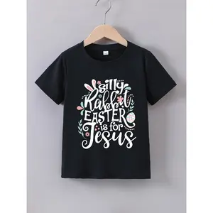 Girls' Easter Bunny Ears & Jesus Print Short Sleeve T-Shirt - Summer Round Neck Top with Egg & Bunny Design, Casual Spring Outfit for Church, Easter Egg Hunt & Casual Attire