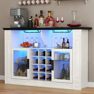 Liquor Cabinet with LED Light, Kitchen Coffee Bar Cabinet with Glass Rack and Removable Wine Racks, Wine Bar Cabinet with Glass Door, Home Bar with Storage